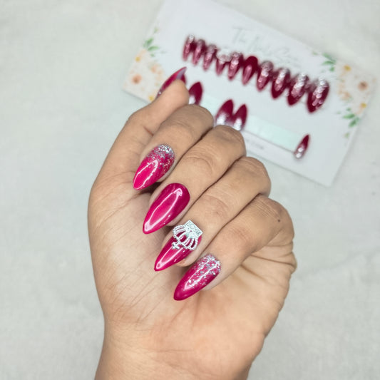 The NailzStation Glossy Pink glitter Ombre 3D Crown Press on Fake Artificial Nails Set with glue, filer, sticker application kit // 1445