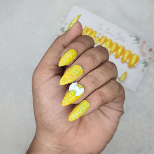 The NailzStation Glossy Yellow Glitter 3D Bow Press on Fake Artificial Nails Set with glue, filer, sticker application kit // 1444