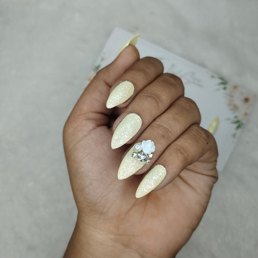 The NailzStation Glossy White Glitter 3D Rose Press on Fake Artificial Nails Set with glue, filer, sticker application kit // 1446