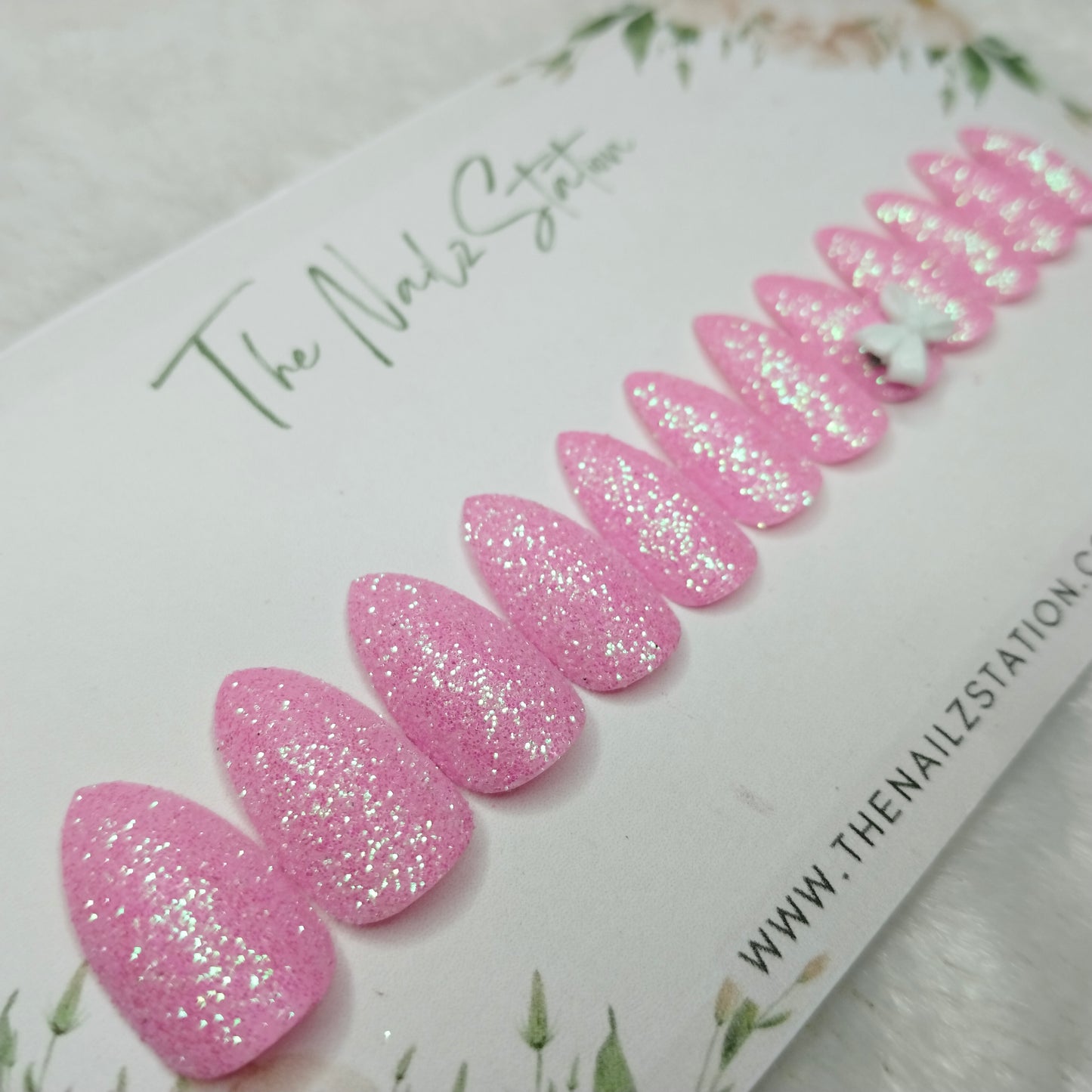 The NailzStation Glossy Light Pink Glitter 3D Bow Press on Fake Artificial Nails Set with glue, filer, sticker application kit // 1447