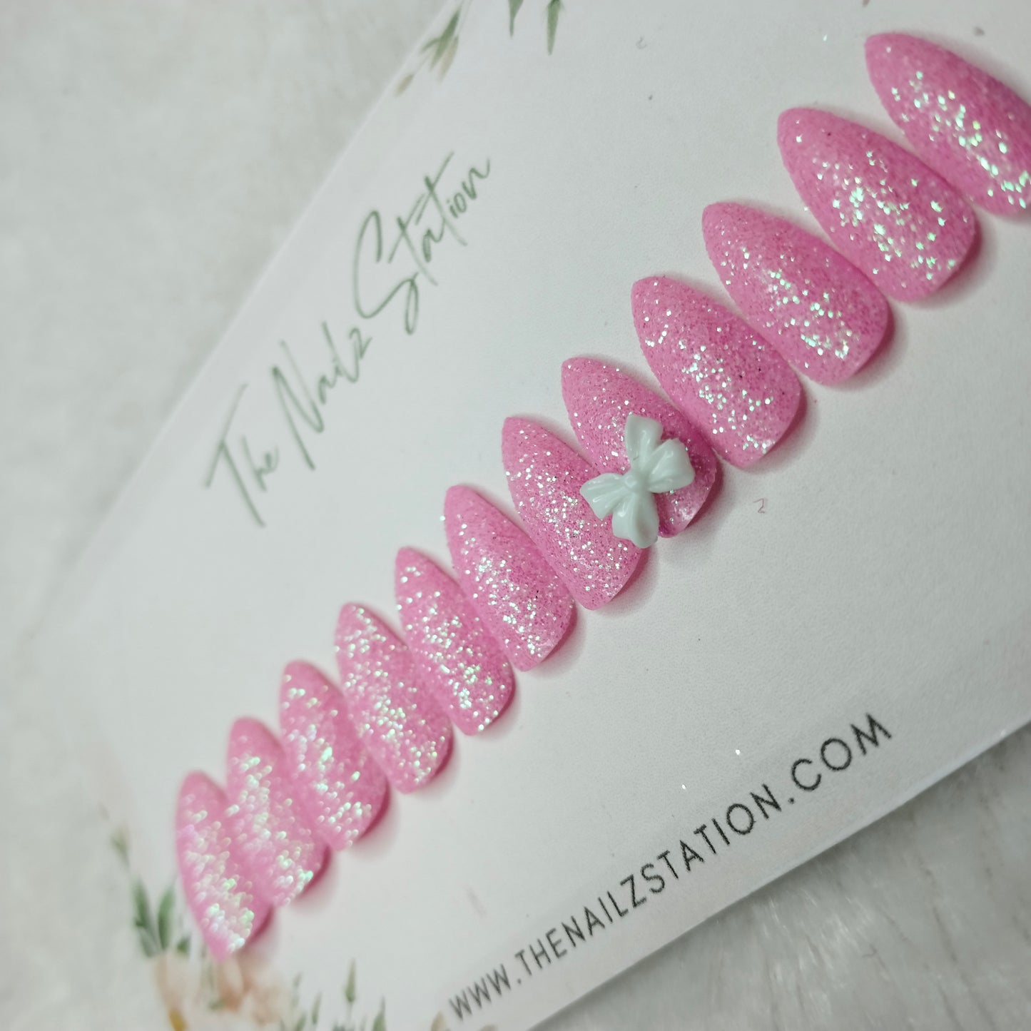 The NailzStation Glossy Light Pink Glitter 3D Bow Press on Fake Artificial Nails Set with glue, filer, sticker application kit // 1447