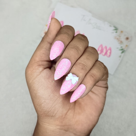 The NailzStation Glossy Light Pink Glitter 3D Bow Press on Fake Artificial Nails Set with glue, filer, sticker application kit // 1447
