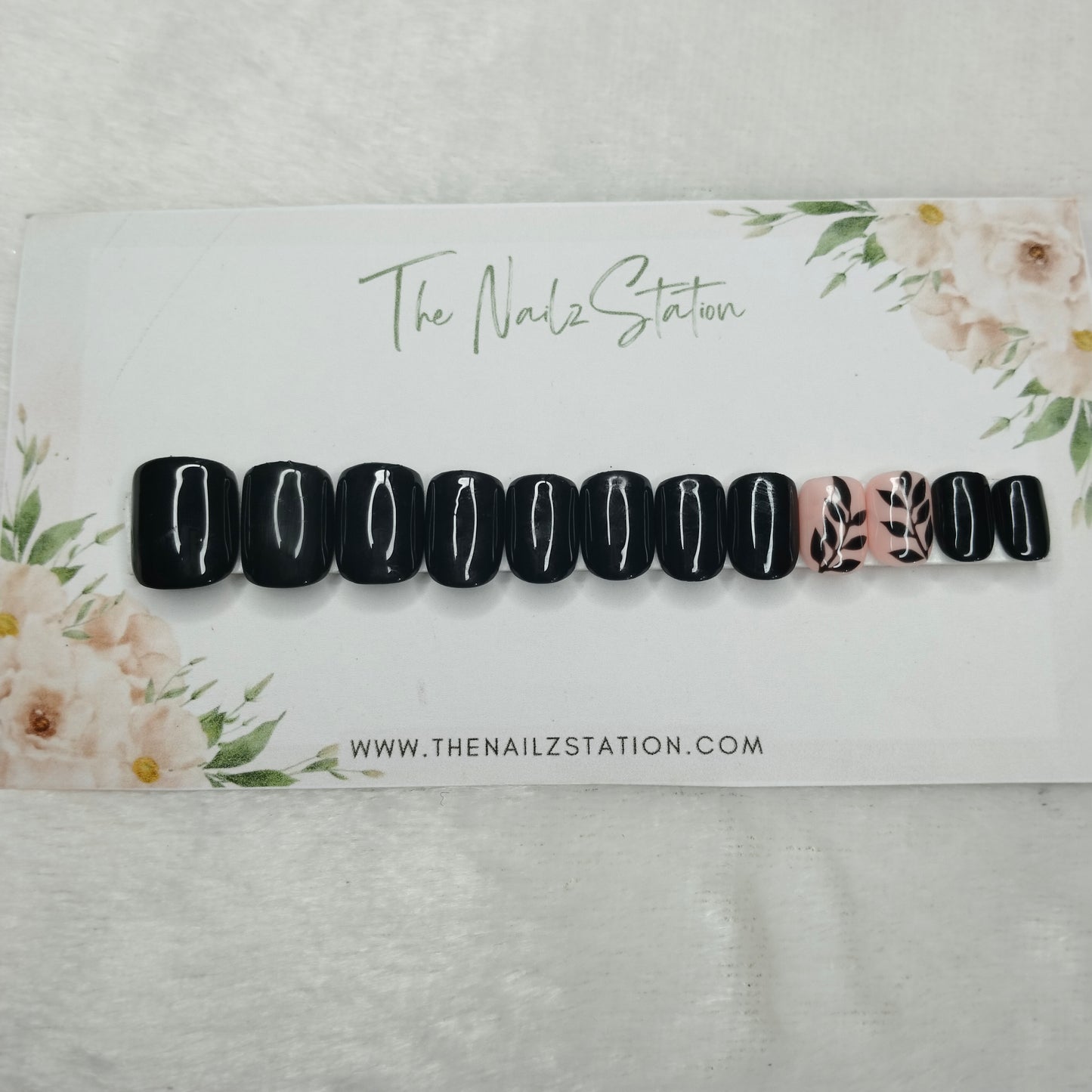 The NailzStation Glossy Black Floral Press on Fake Artificial Nails Set with glue, filer, sticker application kit // 1448