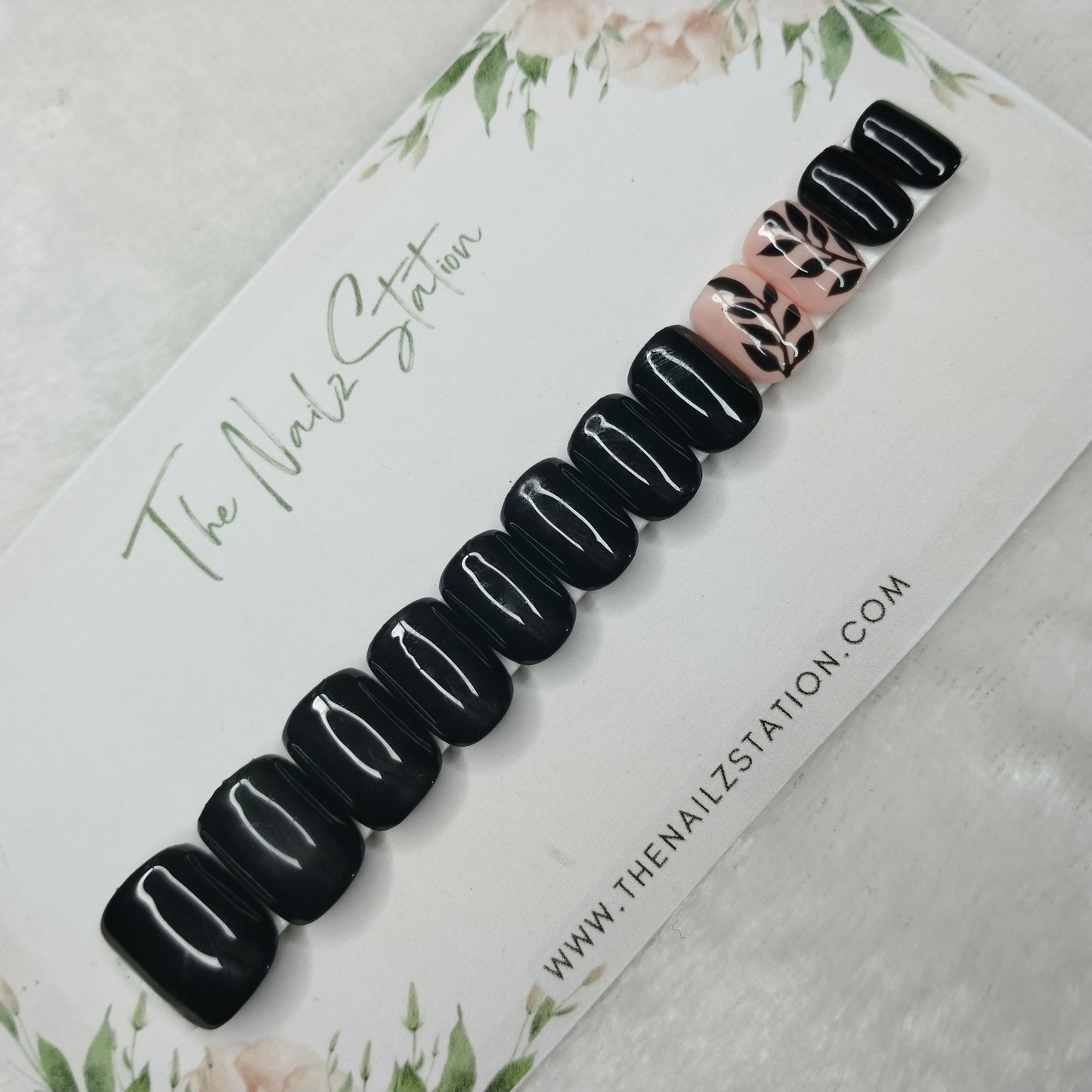 The NailzStation Glossy Black Floral Press on Fake Artificial Nails Set with glue, filer, sticker application kit // 1448