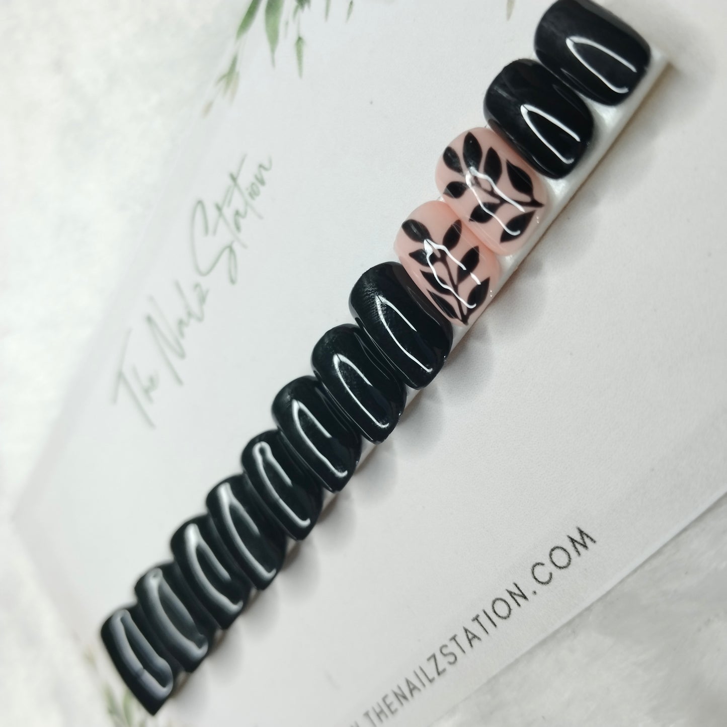 The NailzStation Glossy Black Floral Press on Fake Artificial Nails Set with glue, filer, sticker application kit // 1448