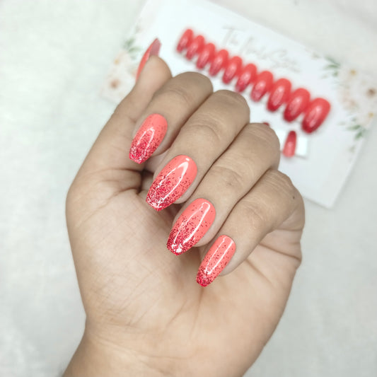 The NailzStation Glossy Peach Glitter Ombre Press on Fake Artificial Nails Set with glue, filer, sticker application kit // 1450