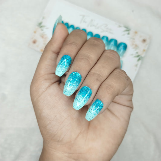 The NailzStation Glossy Light Blue Ombre Press on Fake Artificial Nails Set with glue, filer, sticker application kit // 1451