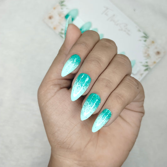 The NailzStation Glossy Light Green Ombre Press on Fake Artificial Nails Set with glue, filer, sticker application kit // 1452