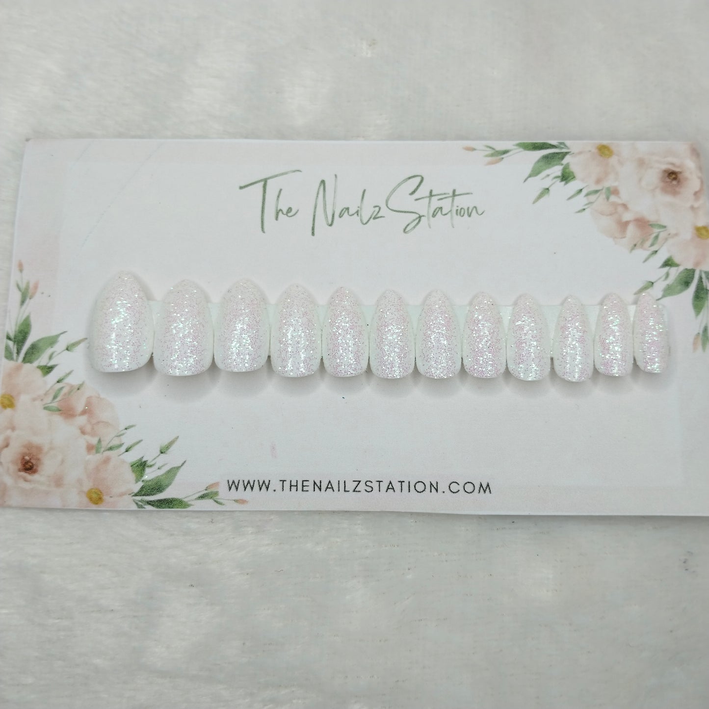 The NailzStation Glossy White Glitter Press on Fake Artificial Nails Set with glue, filer, sticker application kit // 1453