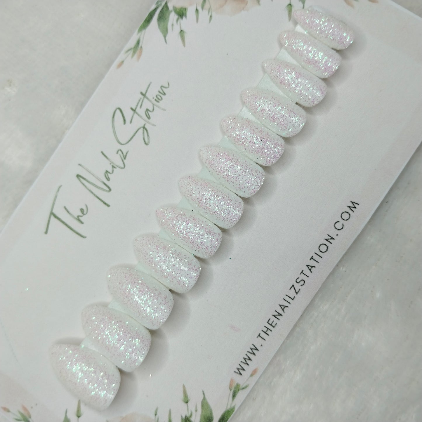 The NailzStation Glossy White Glitter Press on Fake Artificial Nails Set with glue, filer, sticker application kit // 1453