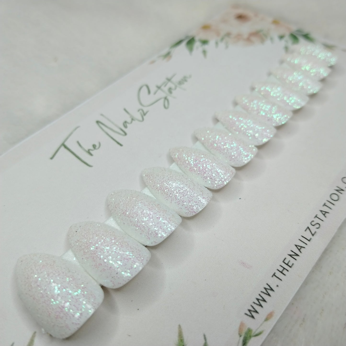 The NailzStation Glossy White Glitter Press on Fake Artificial Nails Set with glue, filer, sticker application kit // 1453