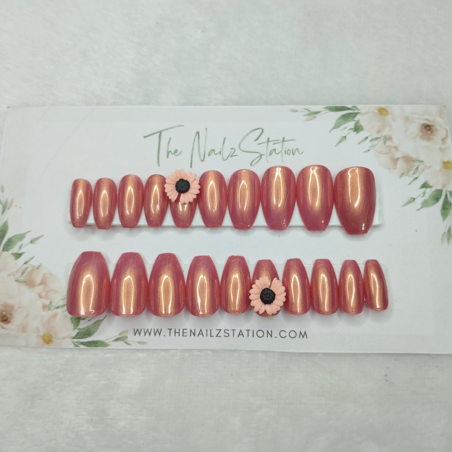 The NailzStation Glossy Peach Chrome 3d Flower Press on Fake Artificial Nails Set with glue, filer, sticker application kit // 1455