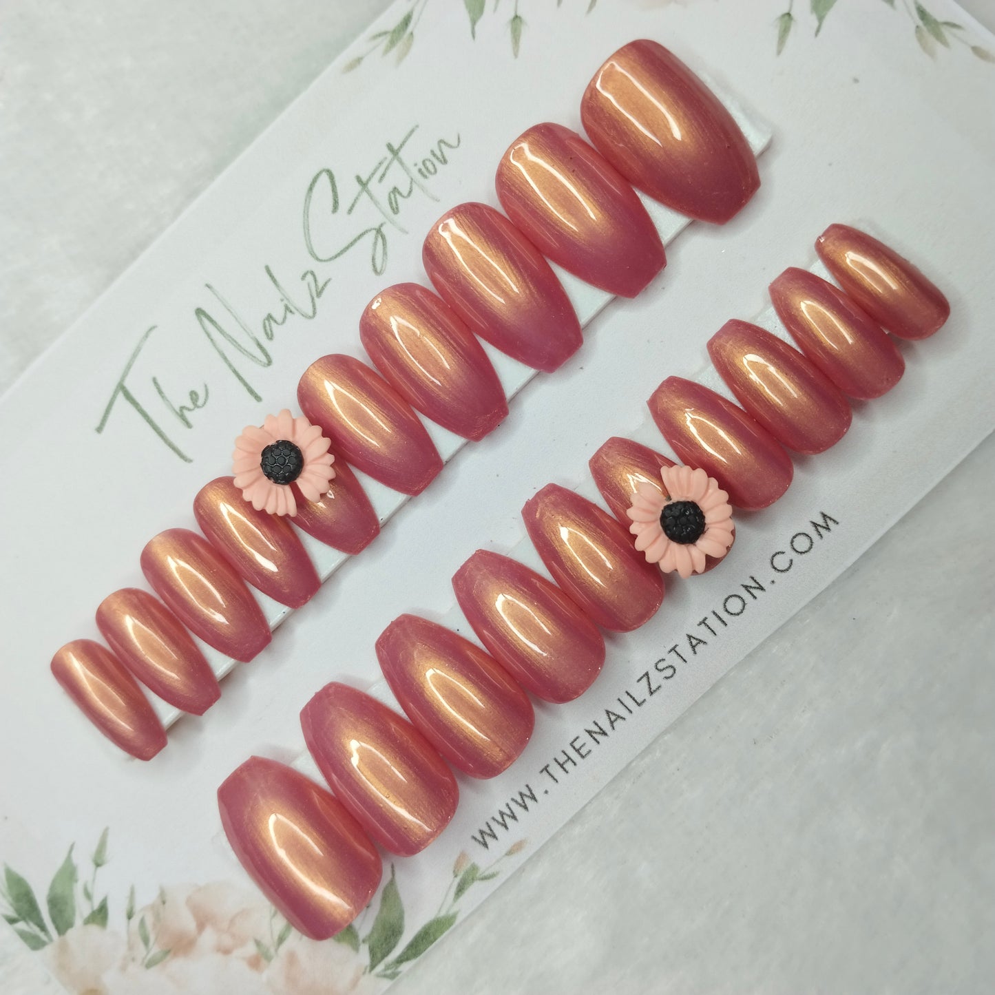 The NailzStation Glossy Peach Chrome 3d Flower Press on Fake Artificial Nails Set with glue, filer, sticker application kit // 1455