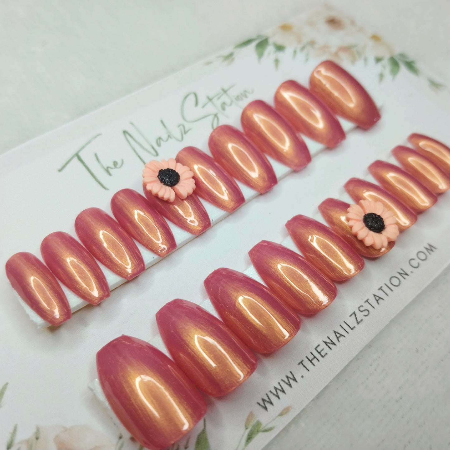 The NailzStation Glossy Peach Chrome 3d Flower Press on Fake Artificial Nails Set with glue, filer, sticker application kit // 1455