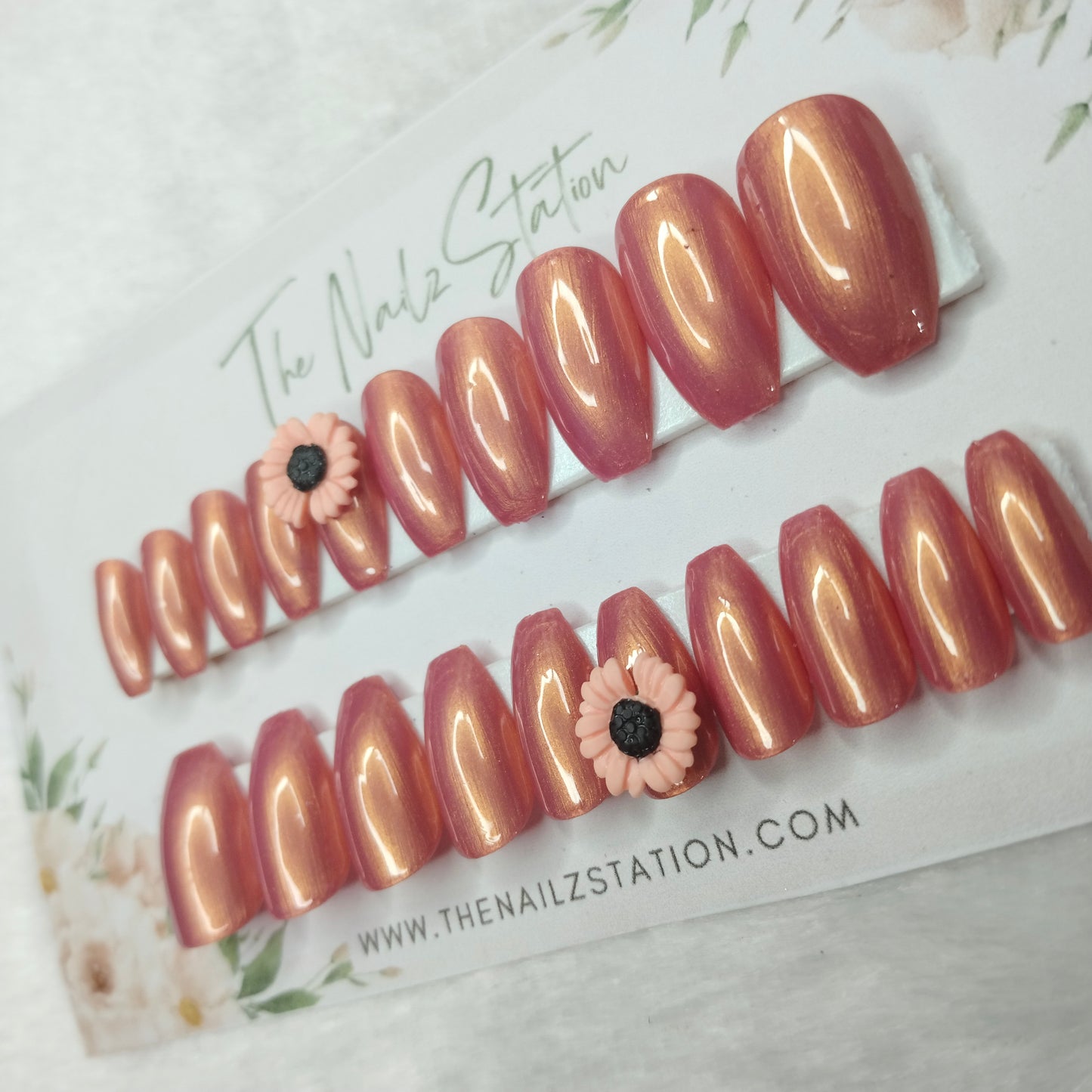 The NailzStation Glossy Peach Chrome 3d Flower Press on Fake Artificial Nails Set with glue, filer, sticker application kit // 1455