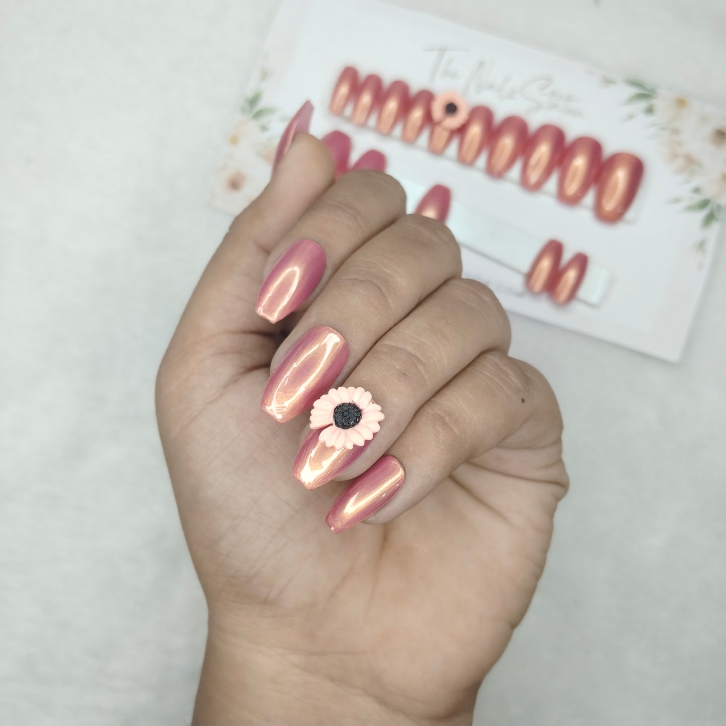 The NailzStation Glossy Peach Chrome 3d Flower Press on Fake Artificial Nails Set with glue, filer, sticker application kit // 1455