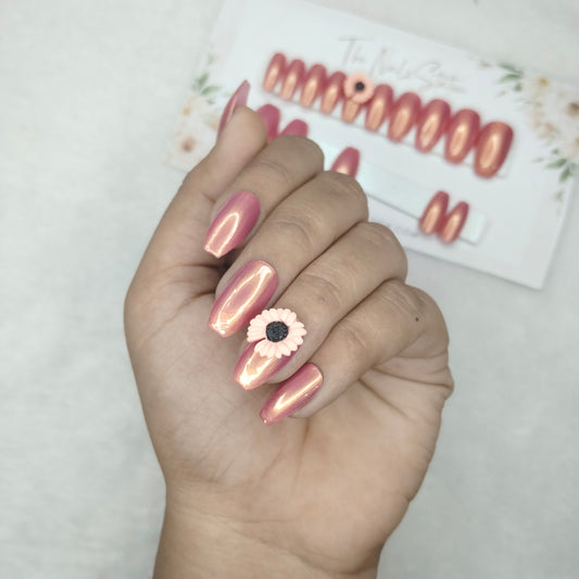 The NailzStation Glossy Peach Chrome 3d Flower Press on Fake Artificial Nails Set with glue, filer, sticker application kit // 1455