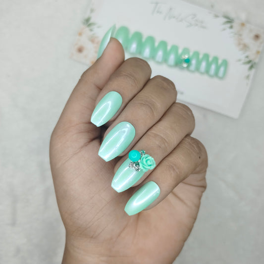 The NailzStation Glossy Light Green Chrome 3D Flower Press on Fake Artificial Nails Set with glue, filer, sticker application kit // 1454