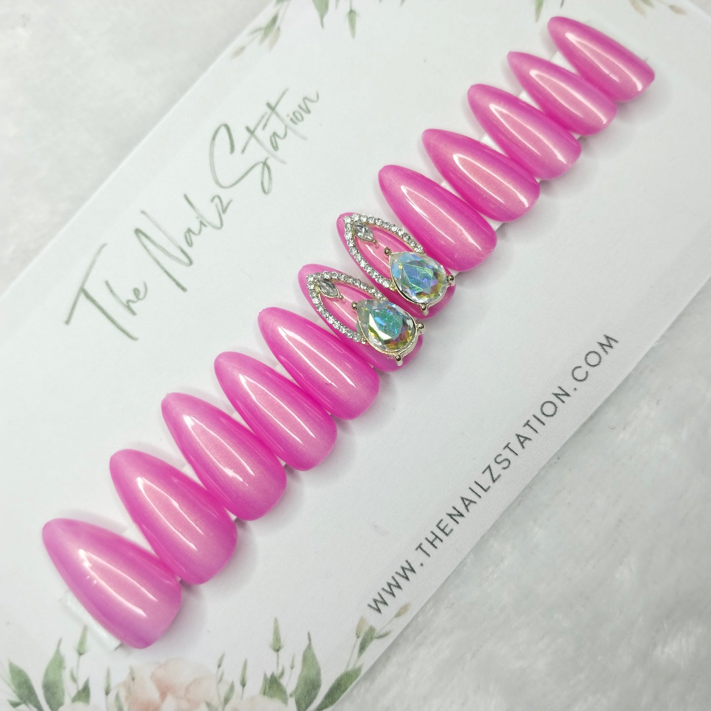 The NailzStation Glossy Pink Chrome 3D Jewelry Press on Fake Artificial Nails Set with glue, filer, sticker application kit // 1457