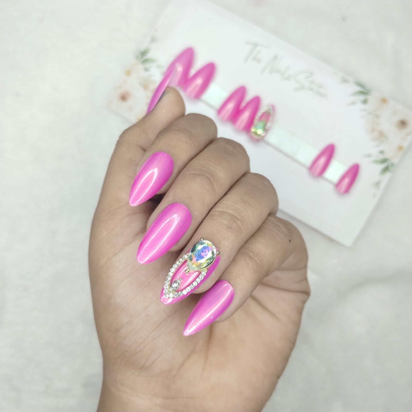 The NailzStation Glossy Pink Chrome 3D Jewelry Press on Fake Artificial Nails Set with glue, filer, sticker application kit // 1457