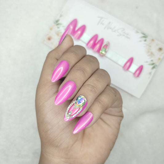 The NailzStation Glossy Pink Chrome 3D Jewelry Press on Fake Artificial Nails Set with glue, filer, sticker application kit // 1457