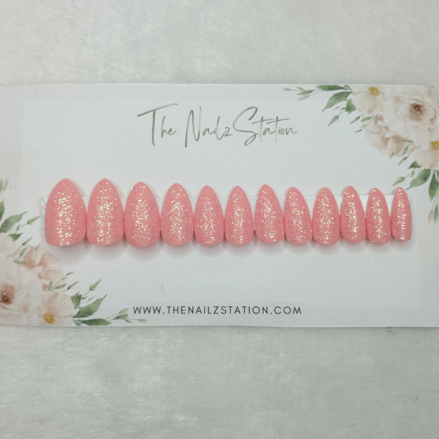 The NailzStation Glossy Peach Glitter Press on Fake Artificial Nails Set with glue, filer, sticker application kit // 1456