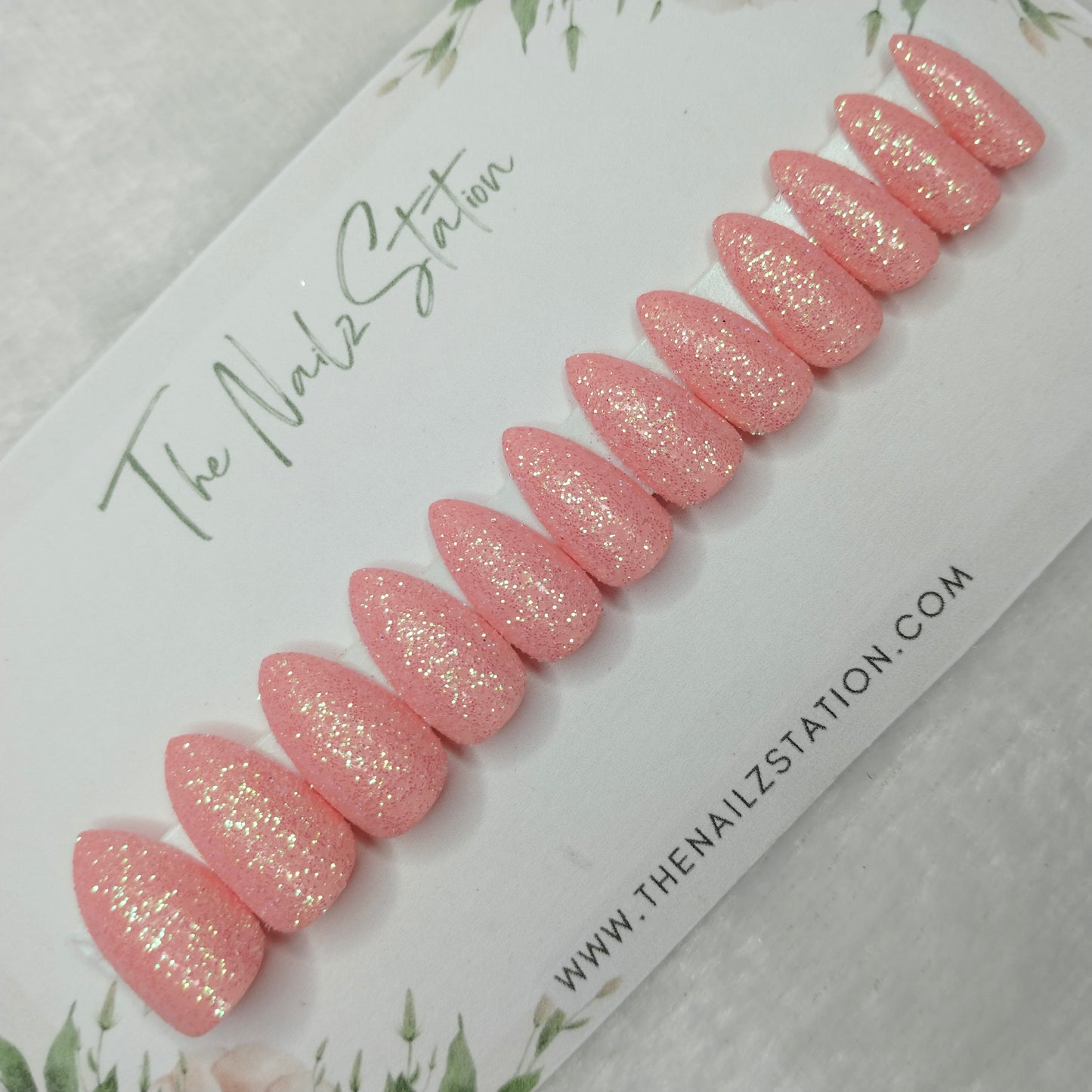 The NailzStation Glossy Peach Glitter Press on Fake Artificial Nails Set with glue, filer, sticker application kit // 1456