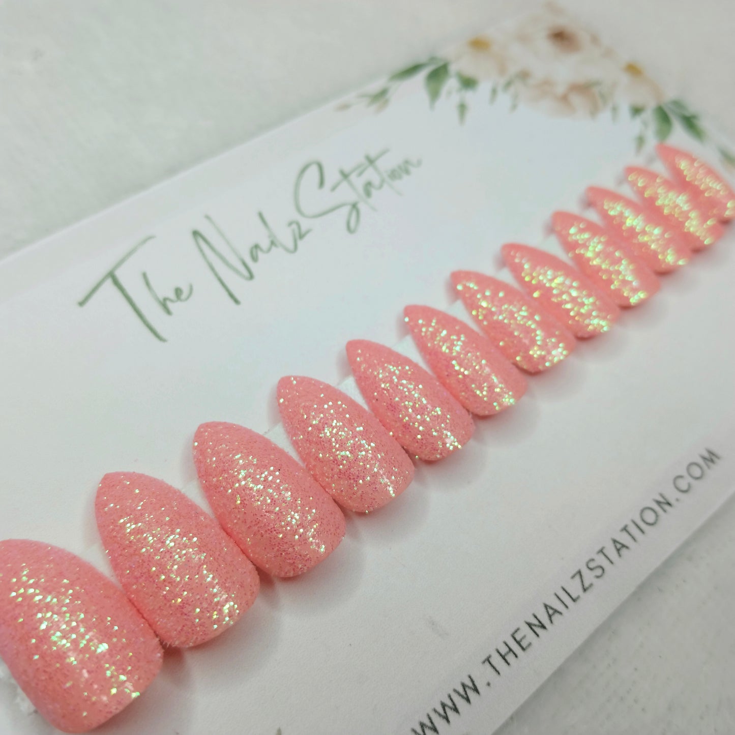 The NailzStation Glossy Peach Glitter Press on Fake Artificial Nails Set with glue, filer, sticker application kit // 1456