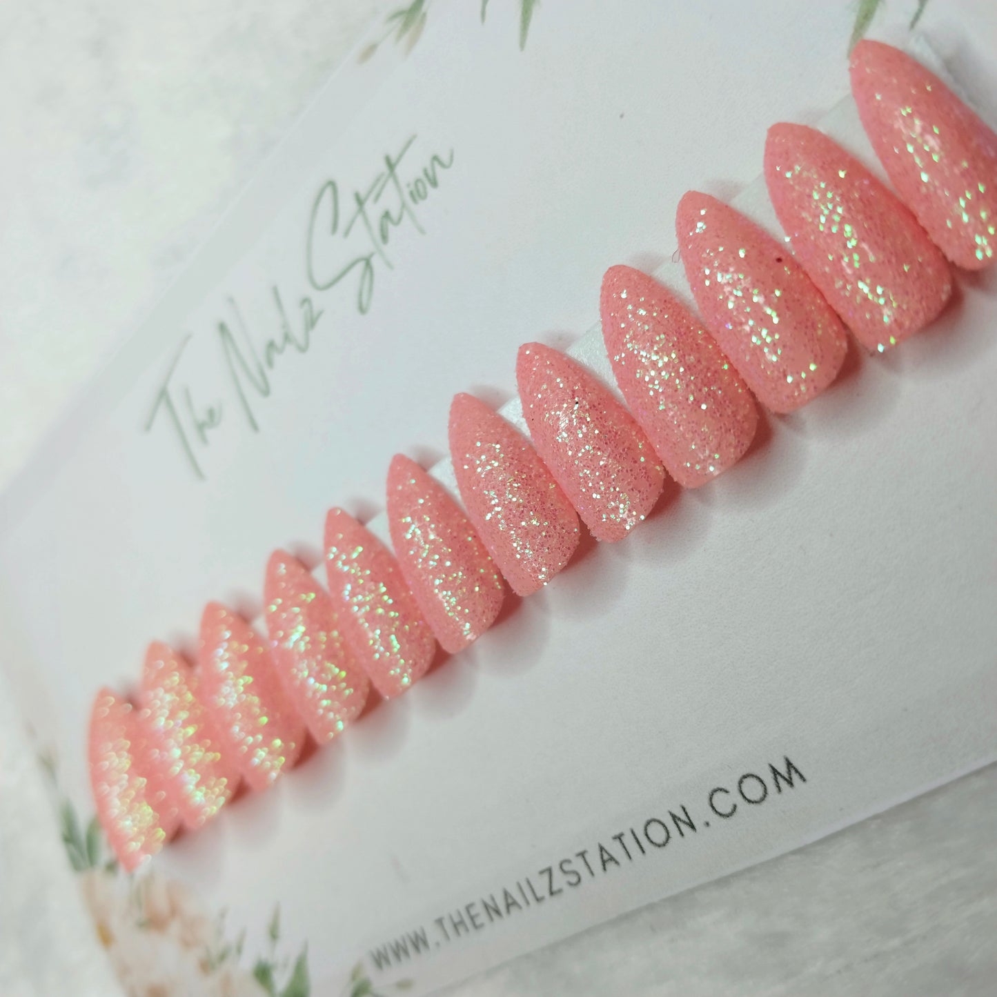 The NailzStation Glossy Peach Glitter Press on Fake Artificial Nails Set with glue, filer, sticker application kit // 1456