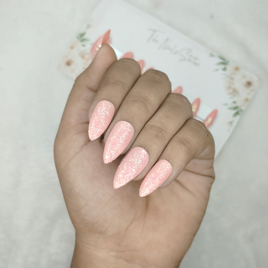 The NailzStation Glossy Peach Glitter Press on Fake Artificial Nails Set with glue, filer, sticker application kit // 1456