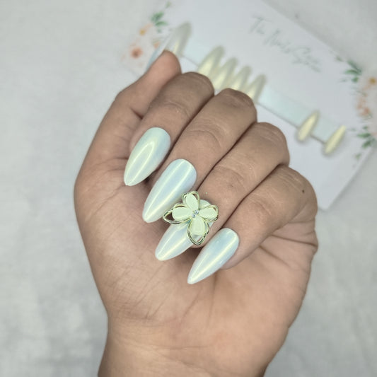 The NailzStation Glossy White Chrome 3D Jewelry Butterfly Press on Fake Artificial Nails Set with glue, filer, sticker application kit // 1459