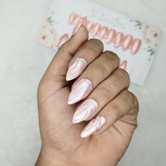 The NailzStation Glossy Peach Chrome 3D Swirls Press on Fake Artificial Nails Set with glue, filer, sticker application kit // 1458