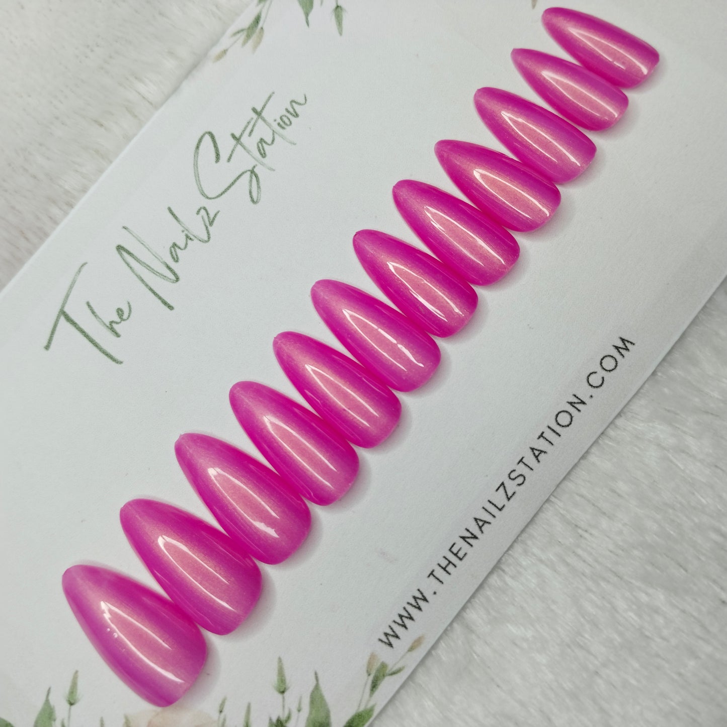 The NailzStation Glossy Pink Chrome Press on Fake Artificial Nails Set with glue, filer, sticker application kit // 1460