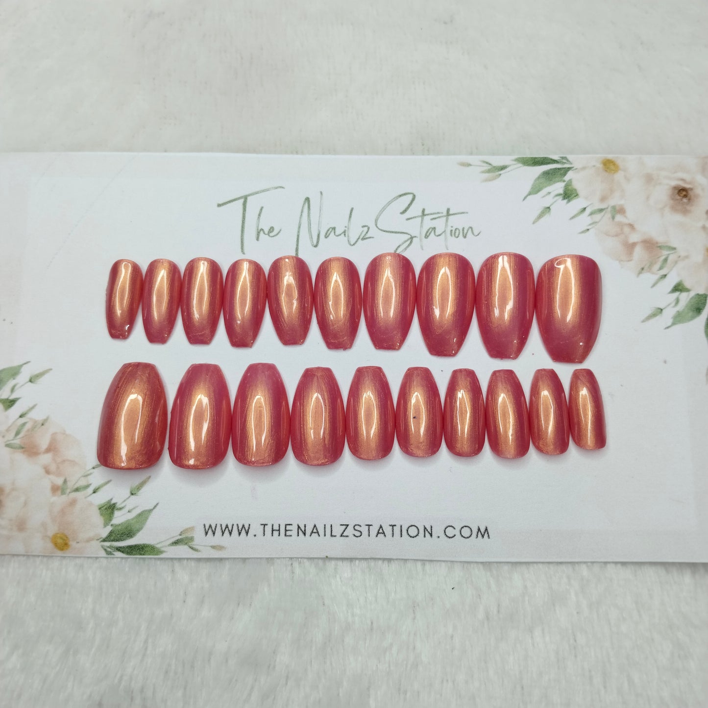 The NailzStation Glossy Peach Chrome Press on Fake Artificial Nails Set with glue, filer, sticker application kit // 1462