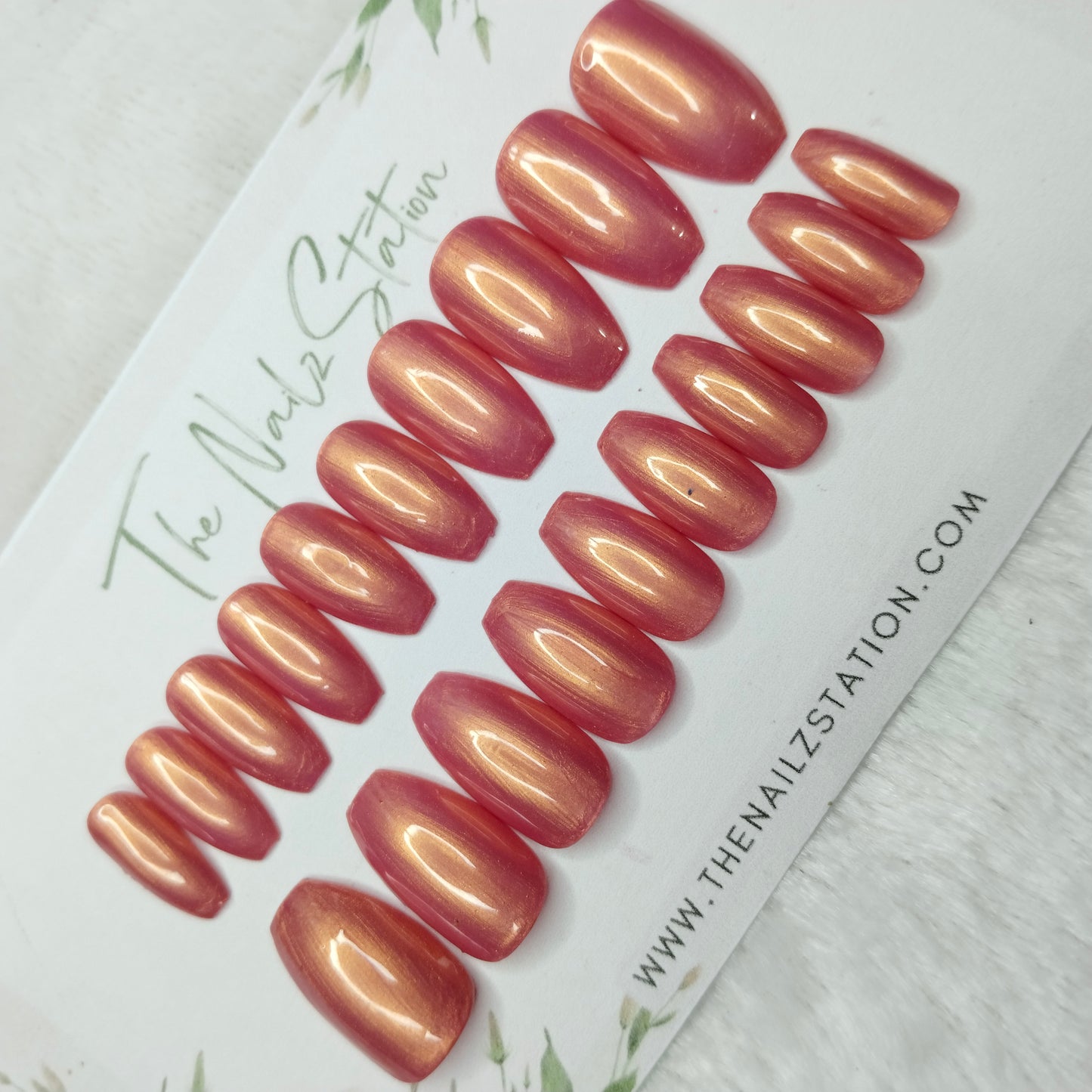 The NailzStation Glossy Peach Chrome Press on Fake Artificial Nails Set with glue, filer, sticker application kit // 1462