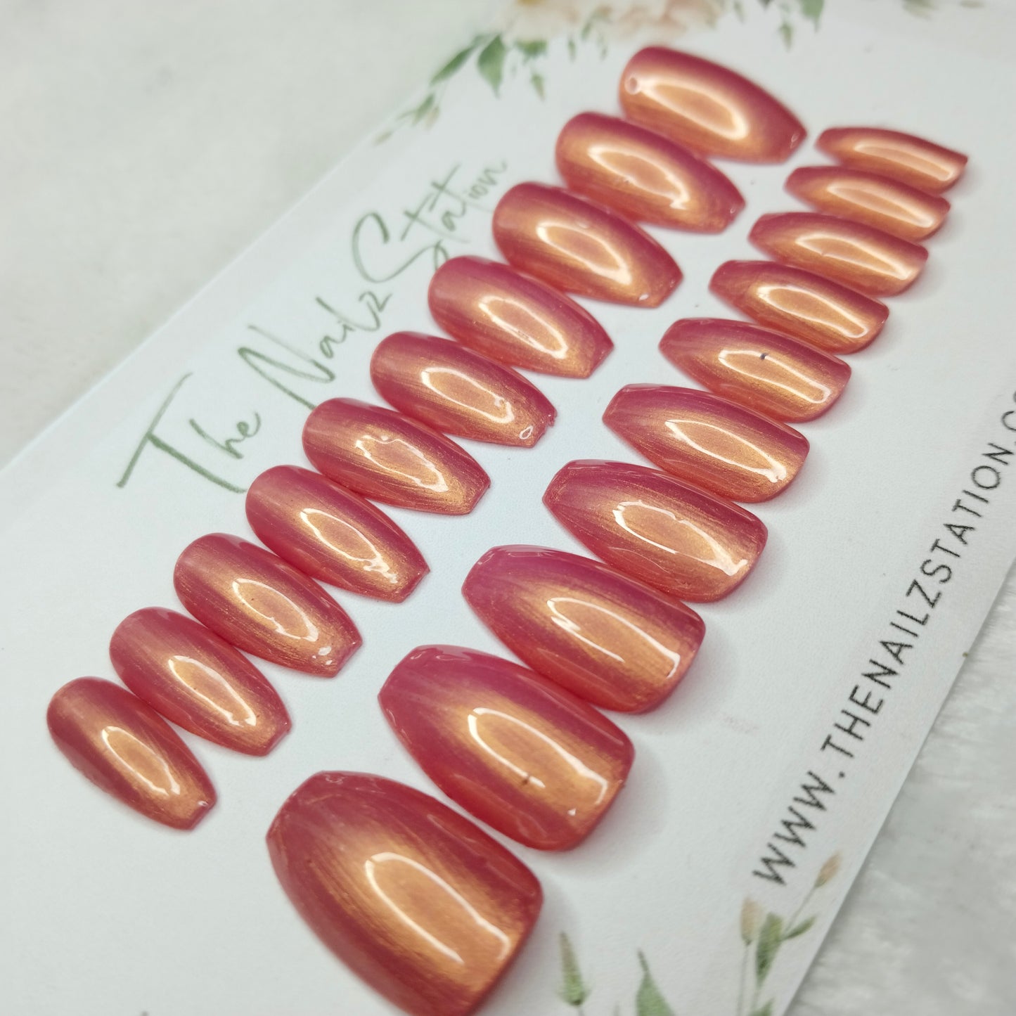 The NailzStation Glossy Peach Chrome Press on Fake Artificial Nails Set with glue, filer, sticker application kit // 1462