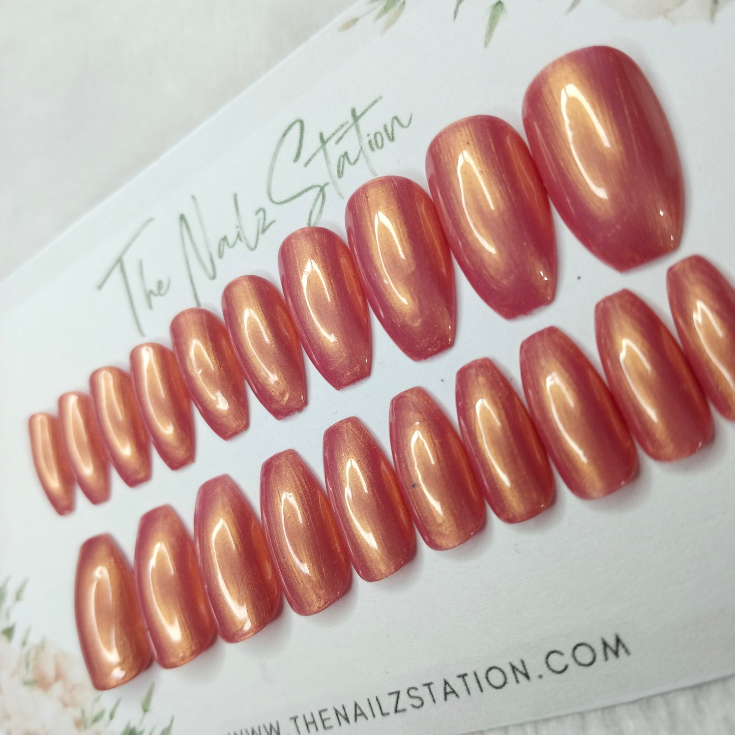 The NailzStation Glossy Peach Chrome Press on Fake Artificial Nails Set with glue, filer, sticker application kit // 1462