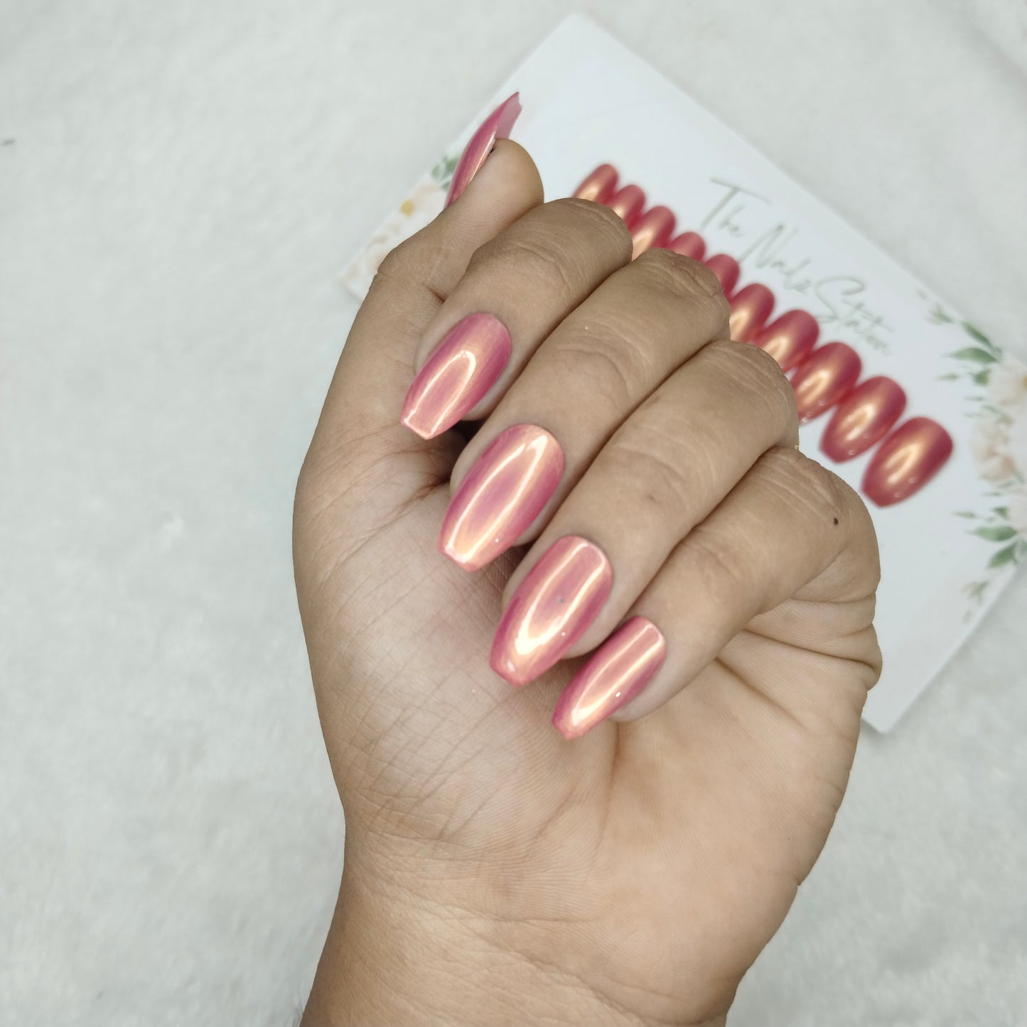 The NailzStation Glossy Peach Chrome Press on Fake Artificial Nails Set with glue, filer, sticker application kit // 1462