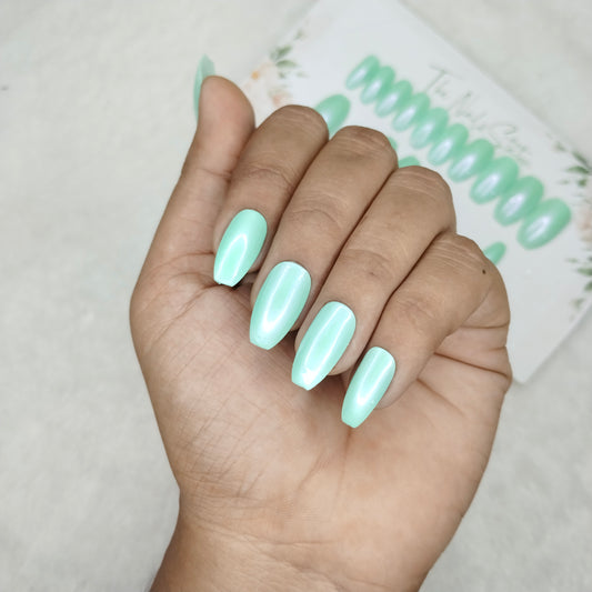 The NailzStation Glossy Light Green Chrome Press on Fake Artificial Nails Set with glue, filer, sticker application kit // 1463