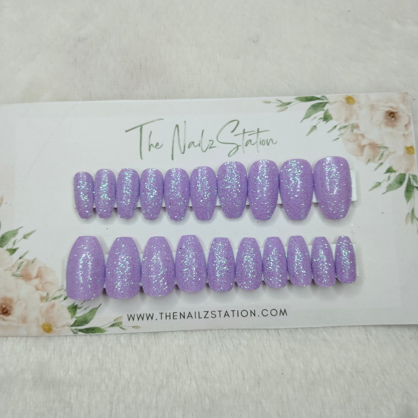 The NailzStation Glossy Lavender Glitter Press on Fake Artificial Nails Set with glue, filer, sticker application kit // 1464