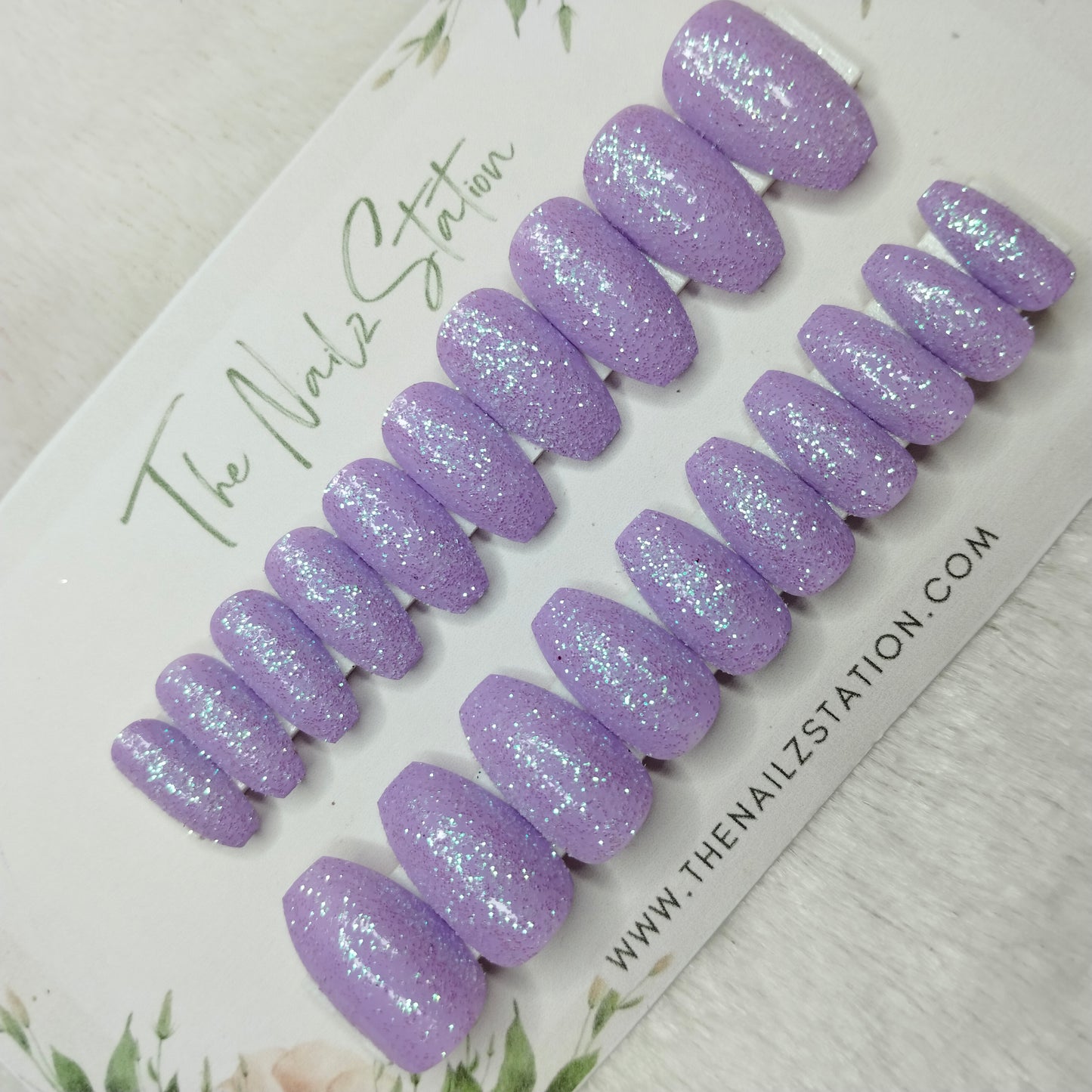 The NailzStation Glossy Lavender Glitter Press on Fake Artificial Nails Set with glue, filer, sticker application kit // 1464