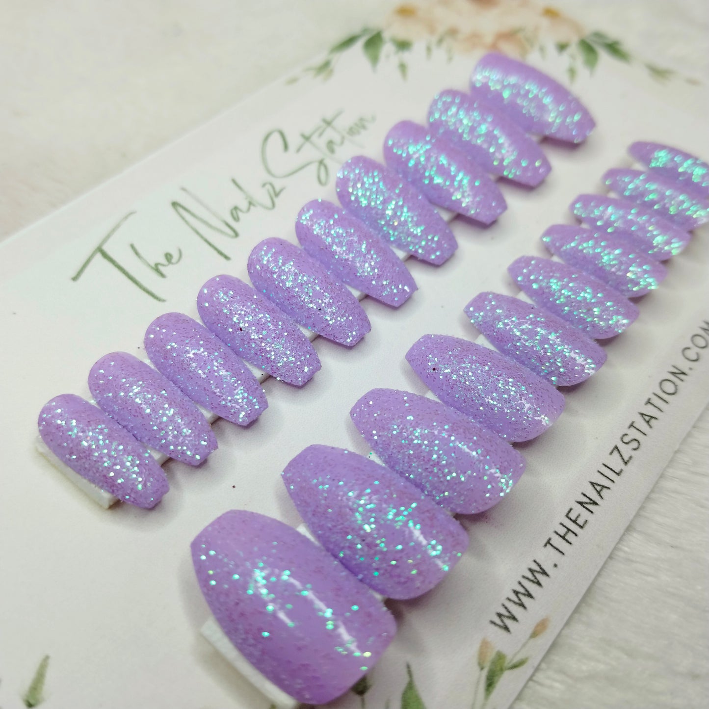 The NailzStation Glossy Lavender Glitter Press on Fake Artificial Nails Set with glue, filer, sticker application kit // 1464
