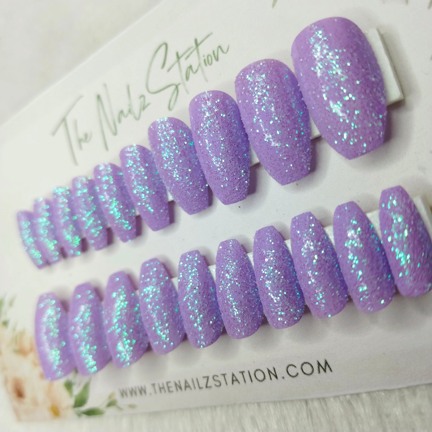 The NailzStation Glossy Lavender Glitter Press on Fake Artificial Nails Set with glue, filer, sticker application kit // 1464
