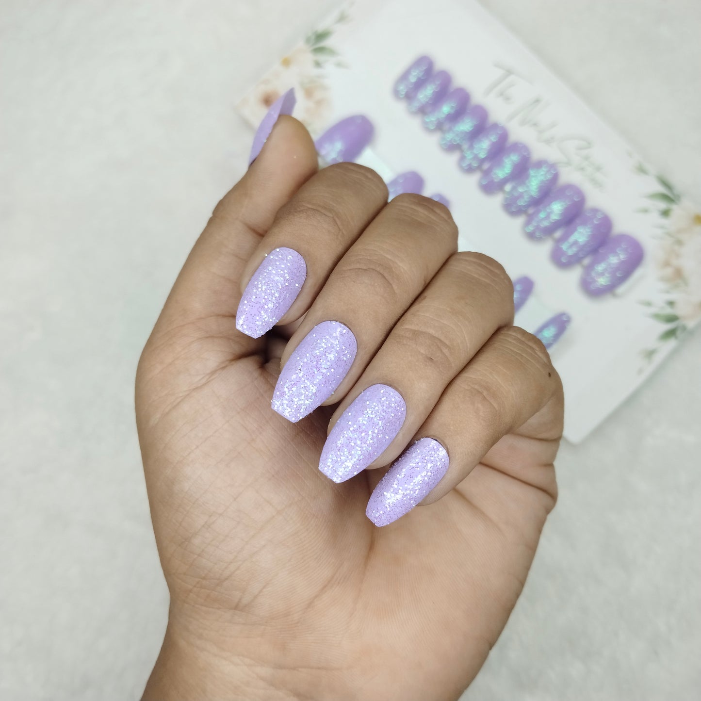 The NailzStation Glossy Lavender Glitter Press on Fake Artificial Nails Set with glue, filer, sticker application kit // 1464