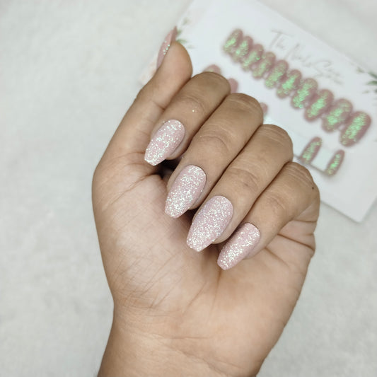 The NailzStation Glossy Peach Glitter Press on Fake Artificial Nails Set with glue, filer, sticker application kit // 1465