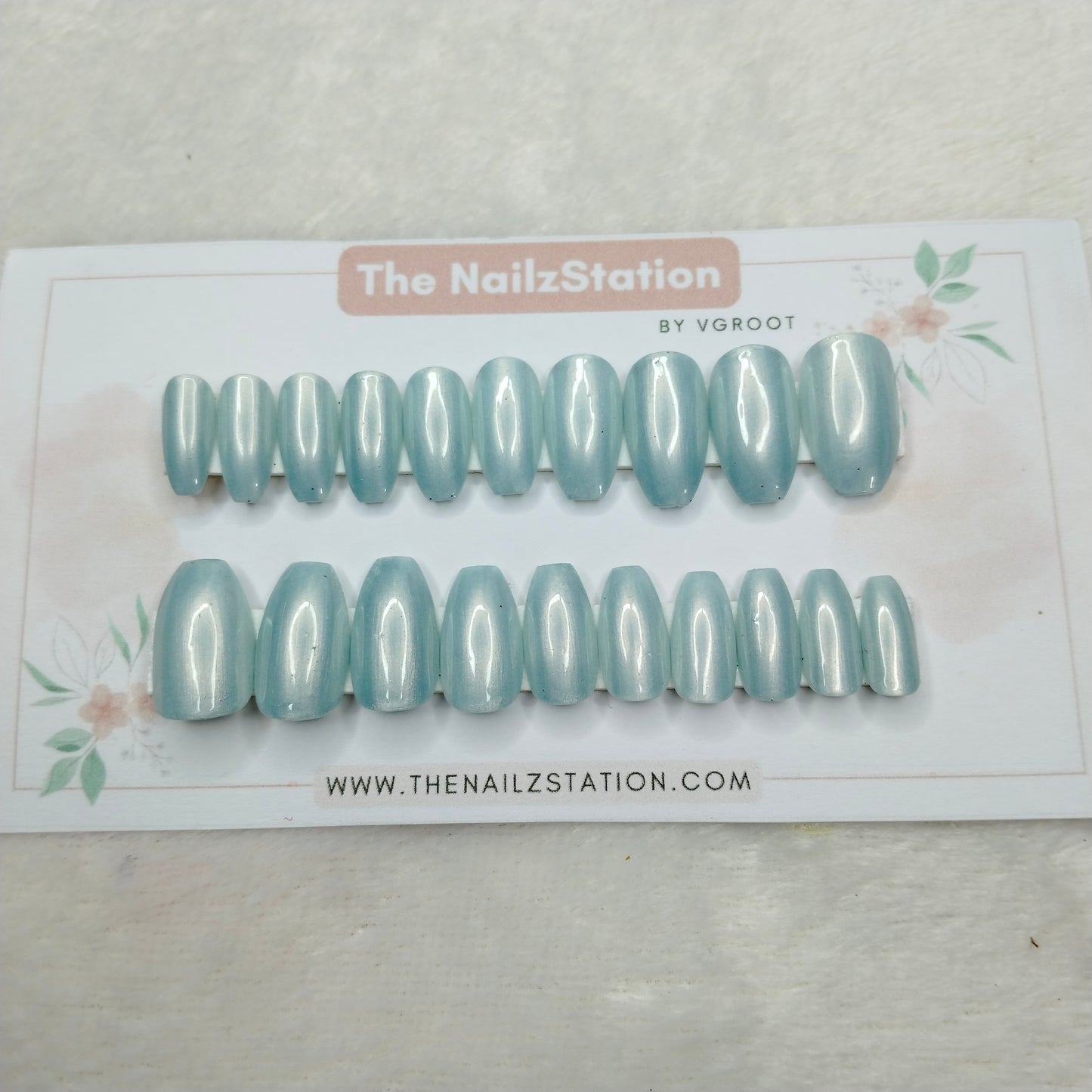 The NailzStation Glossy Light Blue Chrome Press on Fake Artificial Nails Set with glue, filer, sticker application kit // 1469