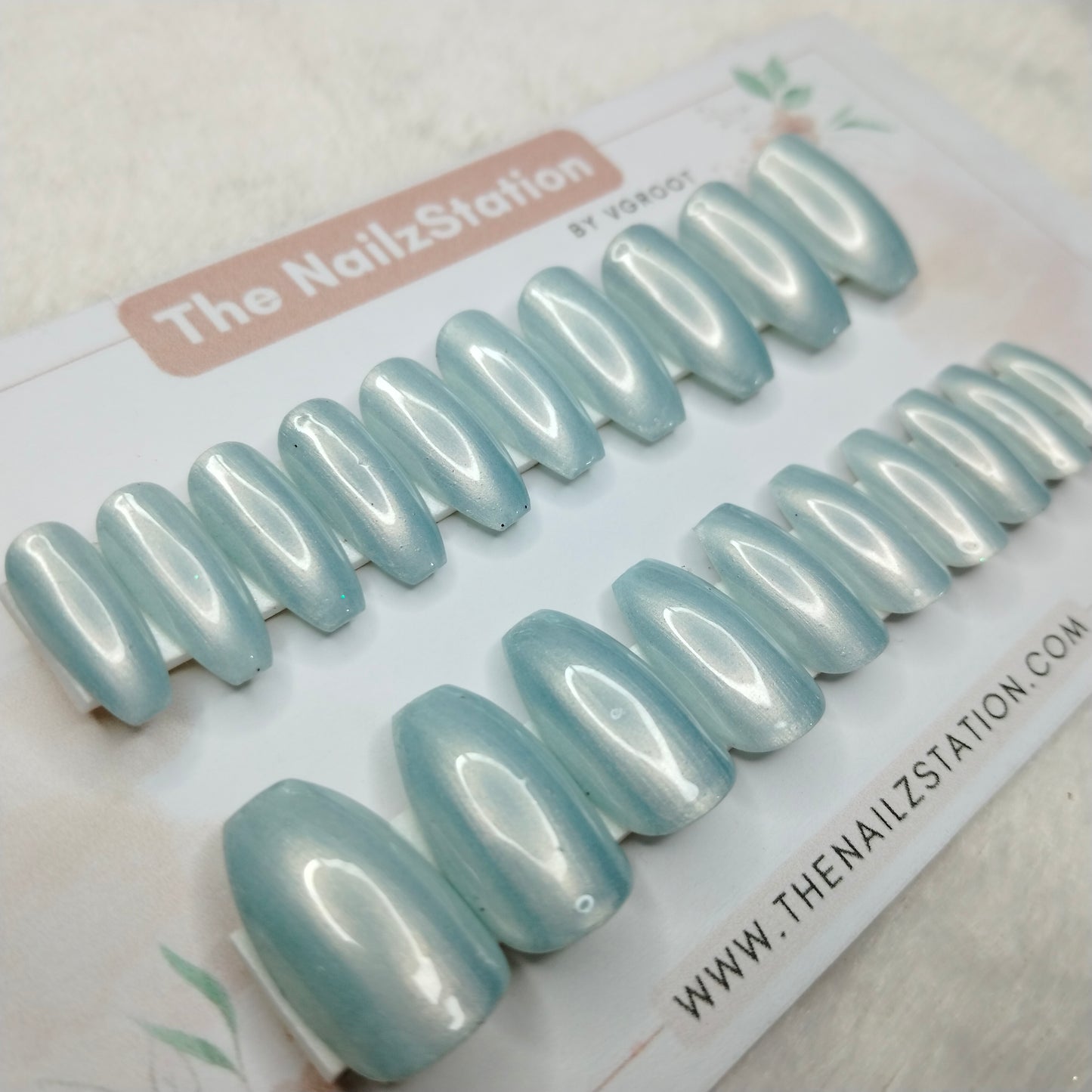 The NailzStation Glossy Light Blue Chrome Press on Fake Artificial Nails Set with glue, filer, sticker application kit // 1469