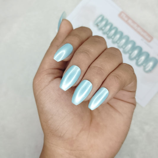The NailzStation Glossy Light Blue Chrome Press on Fake Artificial Nails Set with glue, filer, sticker application kit // 1469
