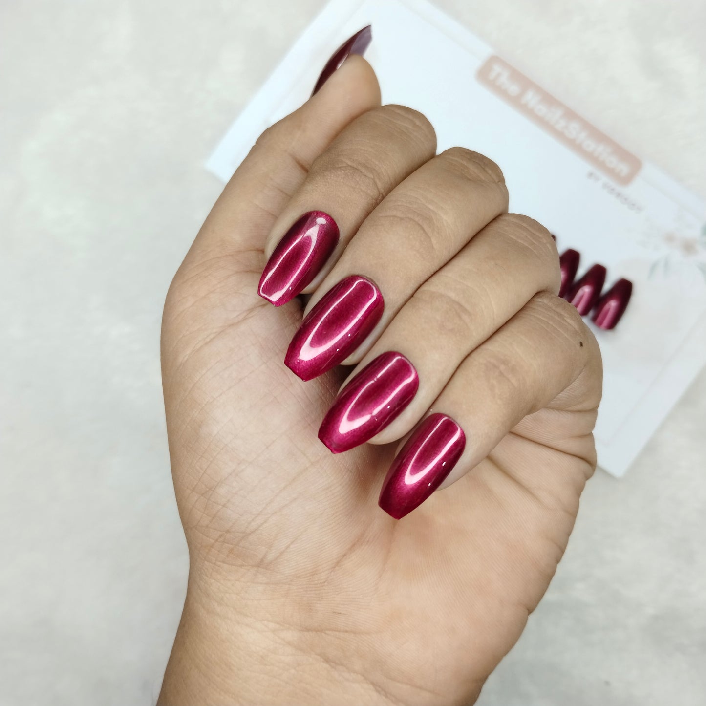 The NailzStation Glossy Pink Chrome Press on Fake Artificial Nails Set with glue, filer, sticker application kit // 1470