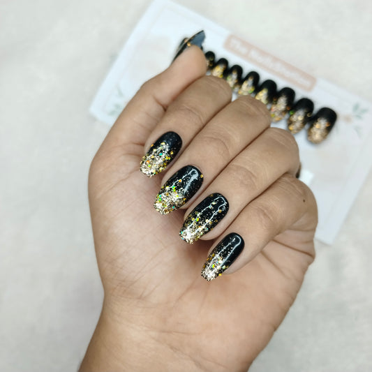 The NailzStation Glossy Black Glitter Ombre Press on Fake Artificial Nails Set with glue, filer, sticker application kit // 1471